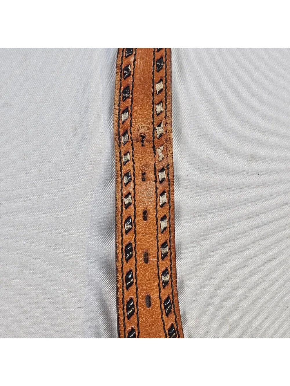 Vintage Tan Leather Whipstitch Belt Mens Brown Woven Boho Western 41.5 Inch
